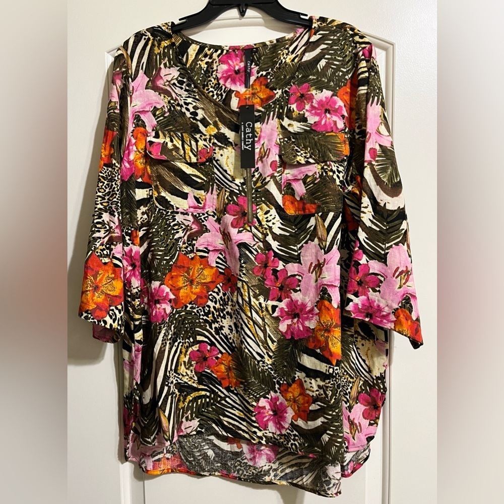 NWT Cathy Daniels Women’s Linen Blend Tropical Resort Beach Blouse Top Size XL